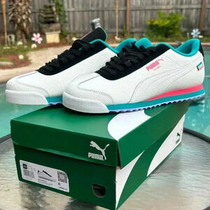 Men's Puma Basic FD Puma White/Phantom Black-Deep Aqua-Sunset Glow mens 9.5 NWOT